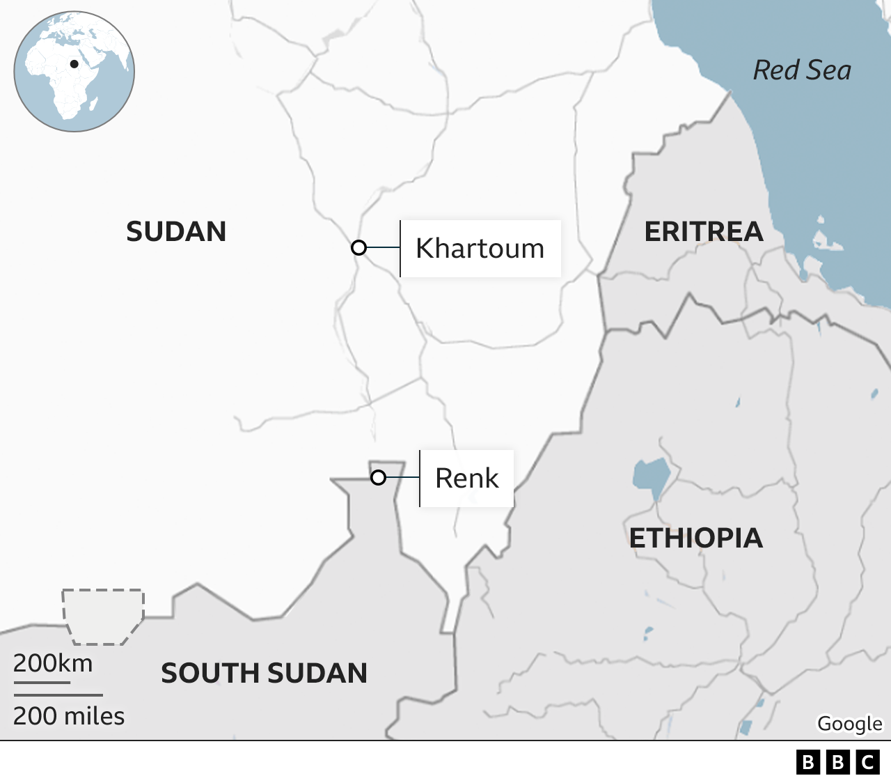 A map showing South Sudan and Sudan