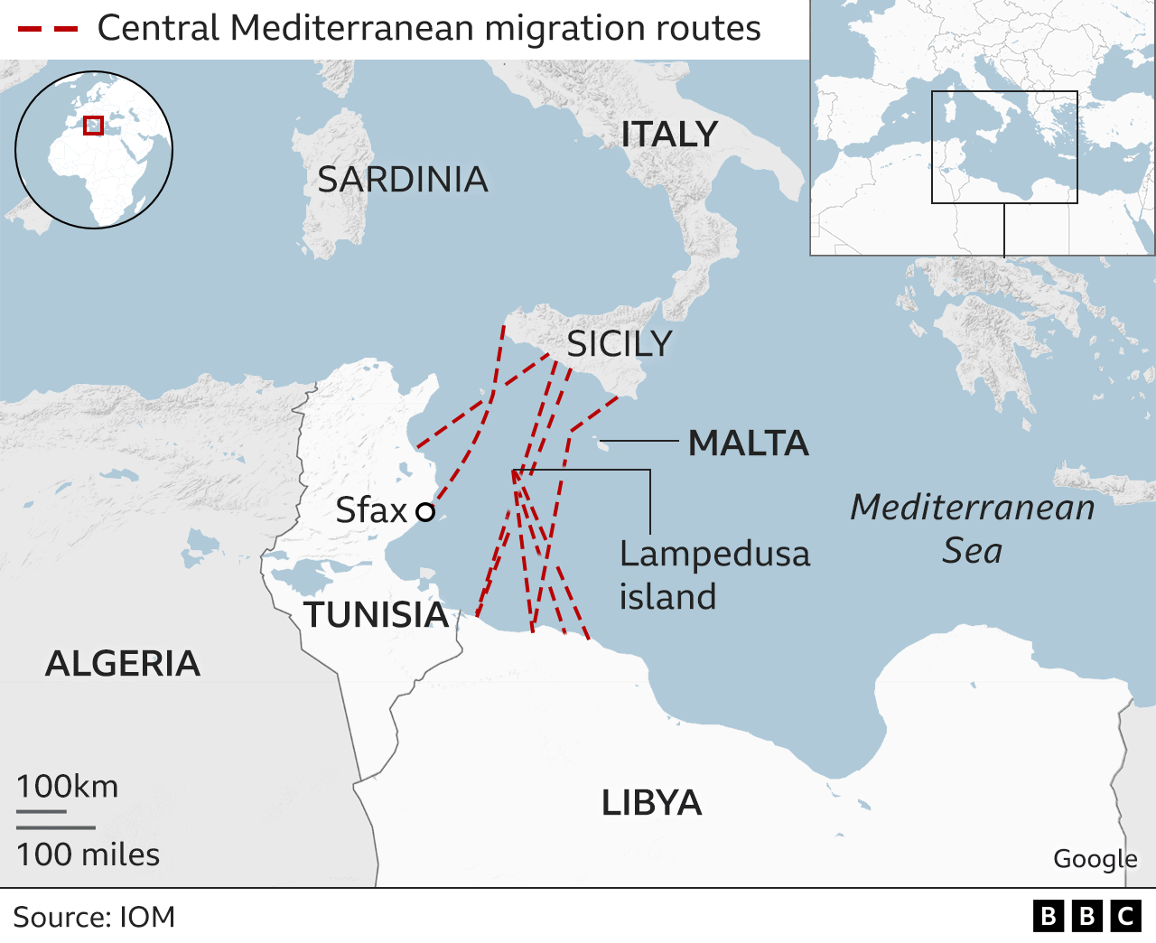 map showing migrant routes from Tunisia and Libya to Italy