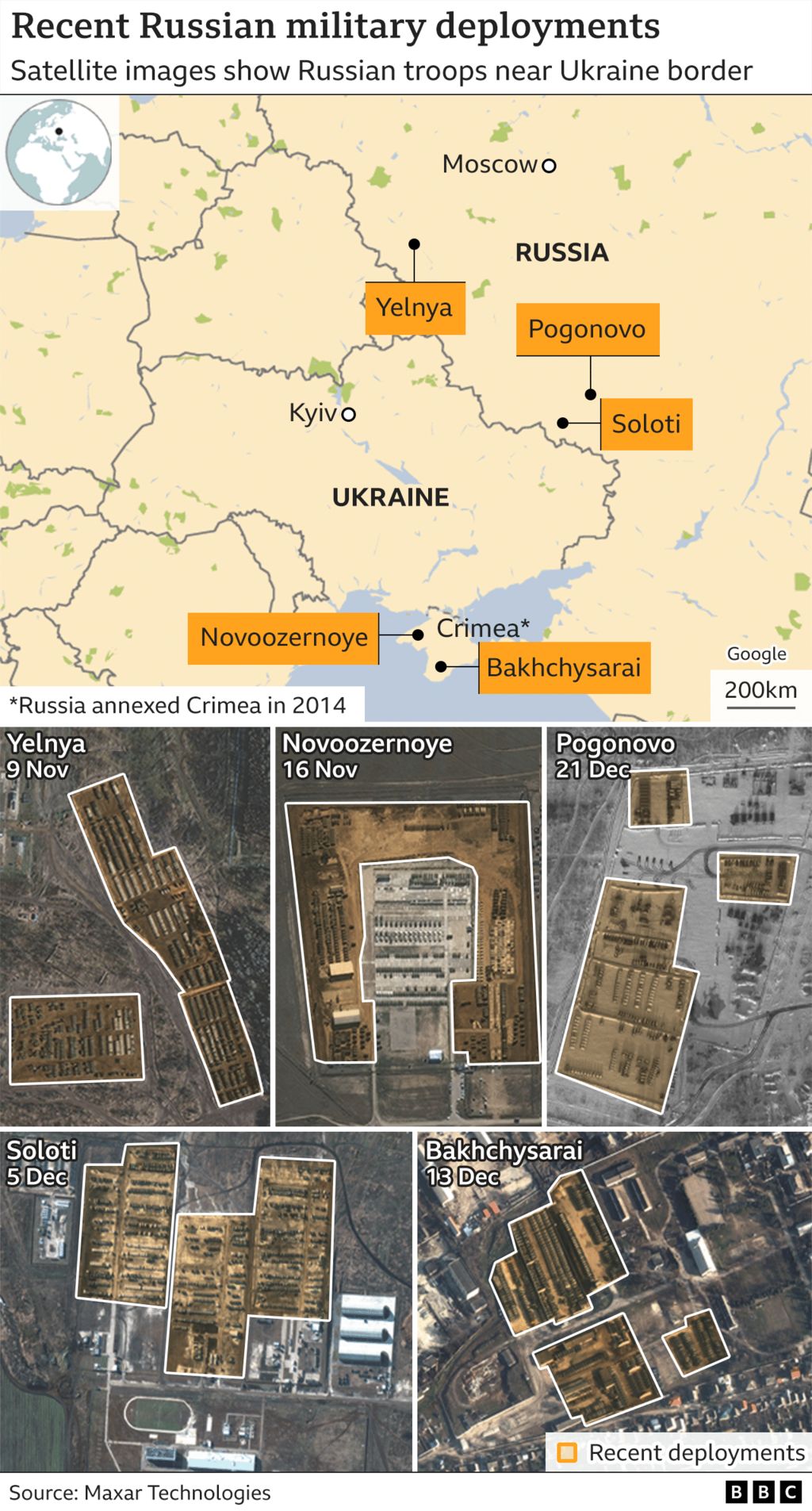 Map of Russia and Ukraine with satellite images showing recent Russian military deployments near the border