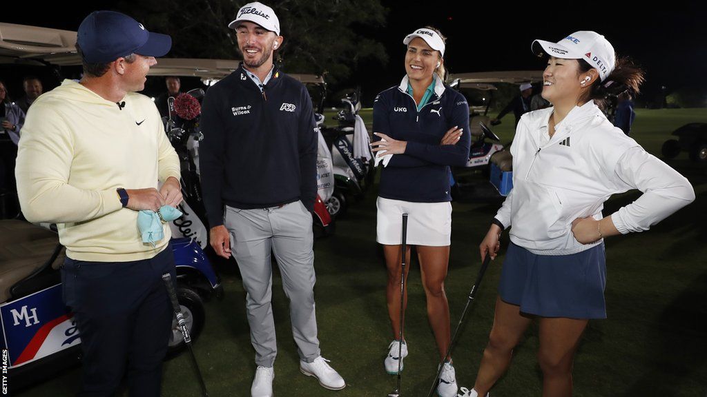 McIlroy, Max Homa, Lexi Thompson and Rose Zhang talk during The Match 9 in Florida