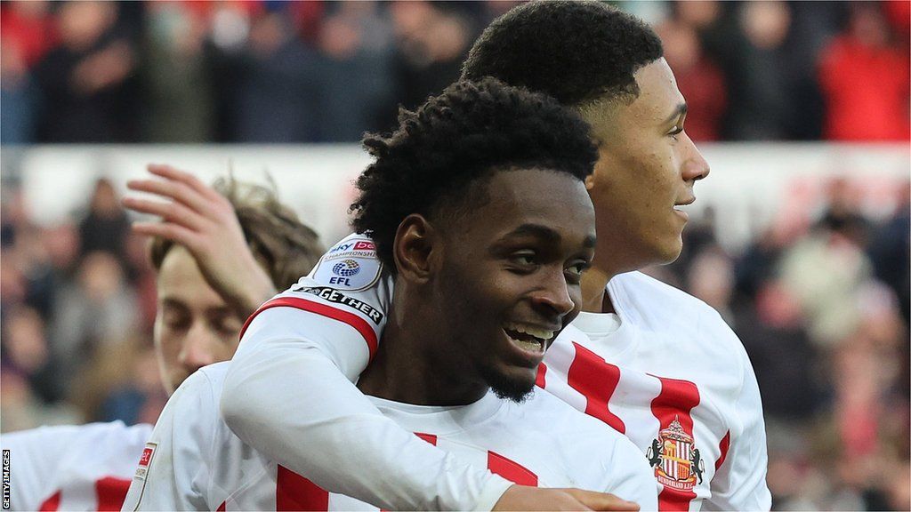 Abdoullah Ba celebrates with Jobe Bellingham after his goal for Sunderland