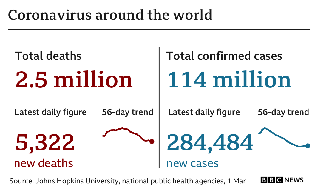 Graphic showing the latest global coronavirus statistics: 2.5m deaths, up by more than 5,300 in the latest 24-hour period, and 114m cases, up by more than 280,000 in the latest 24-hour period