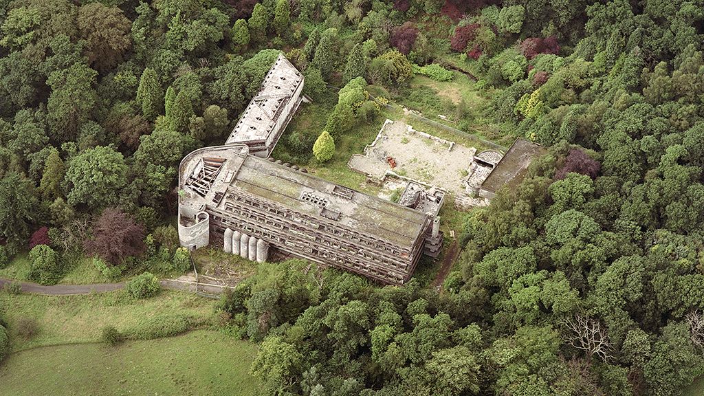 The footprint of Kilmahew House after its demolition in 1994 - next to the modernist ruin of St Peter's