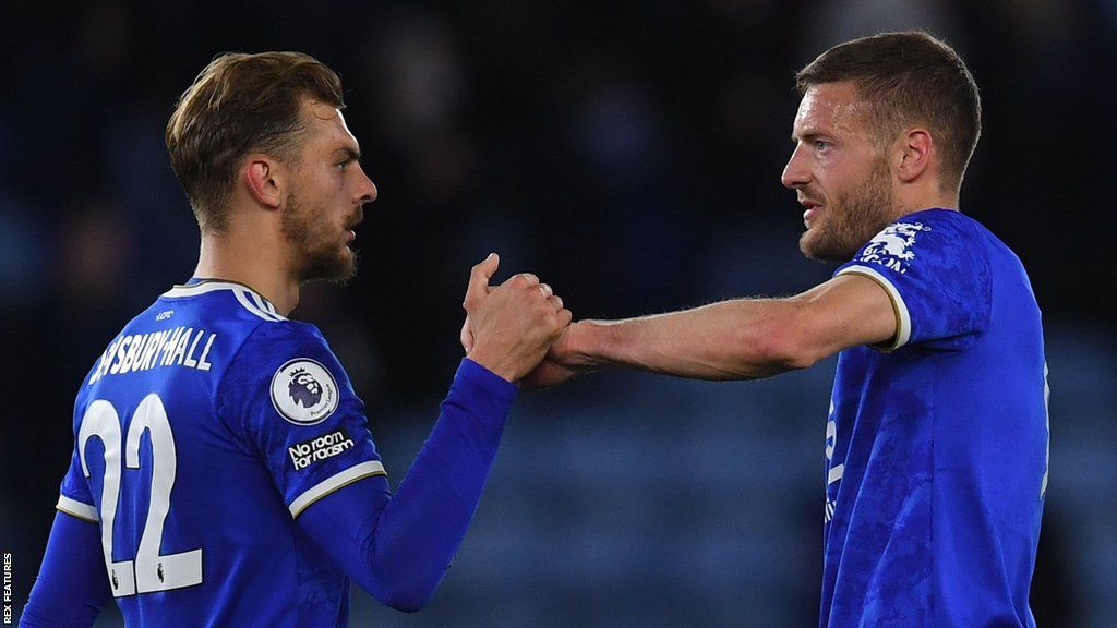 Kiernan Dewsbury-Hall and Jamie Vardy high-five one another