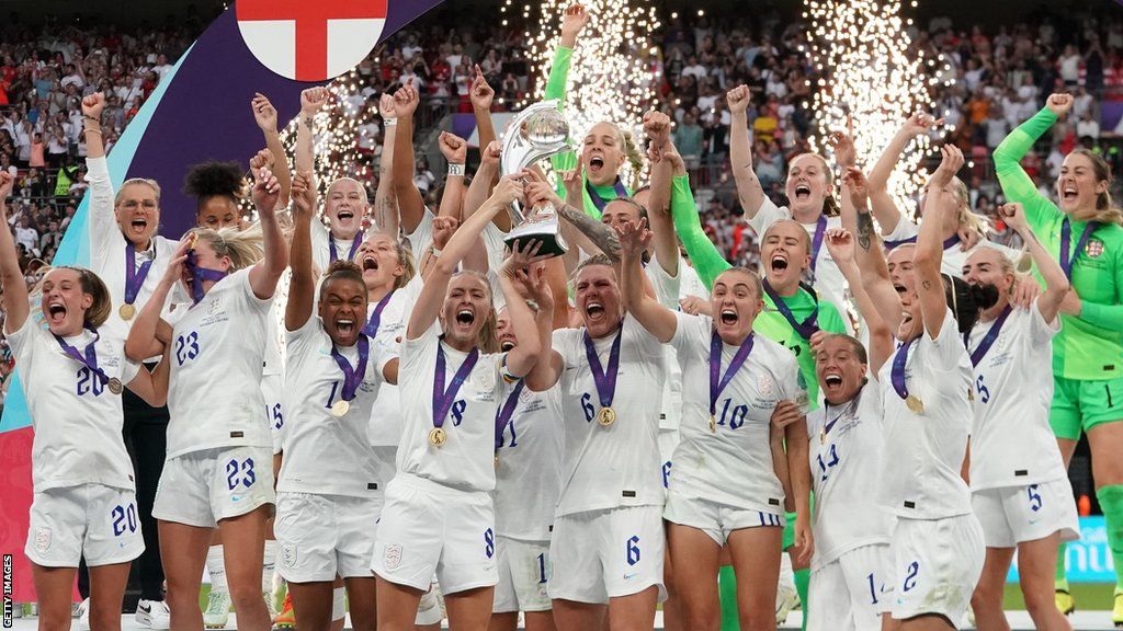 England Women lifting the Euro 2022 trophy