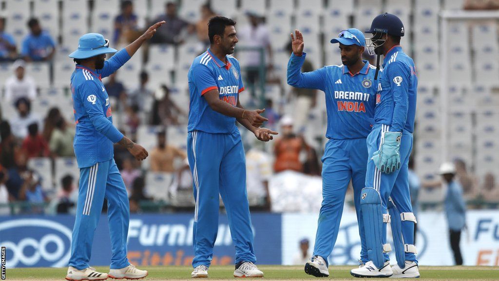 Ravichandran Ashwin celebrates a wicket with India team mates