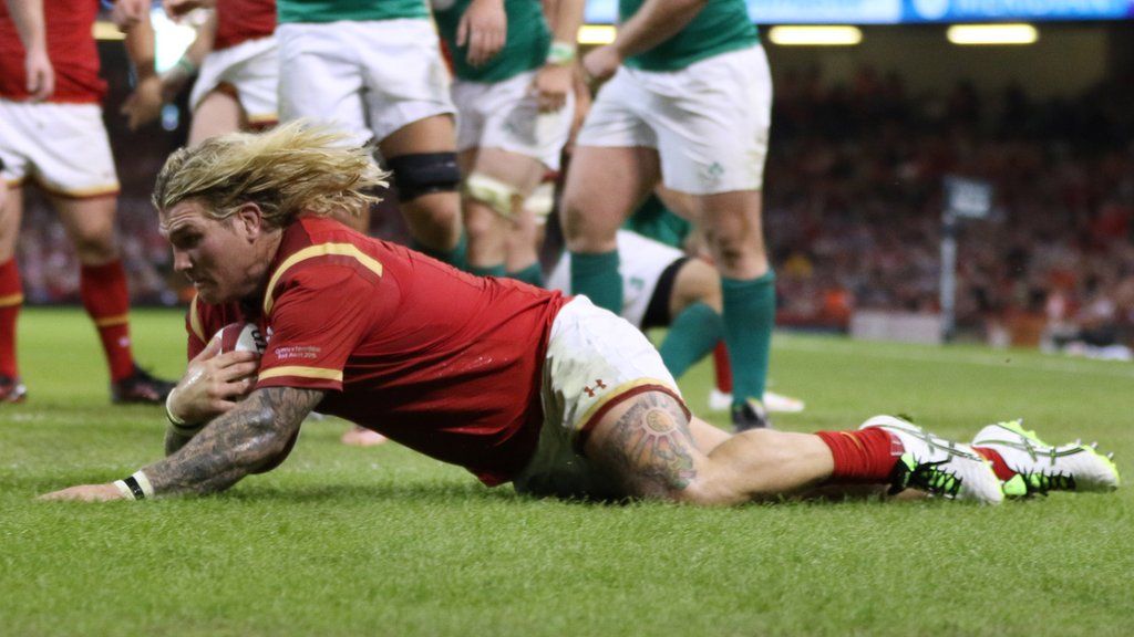 Richard Hibbard scoring his second and final try for Wales against Ireland in a World Cup warm-up match in 2015.