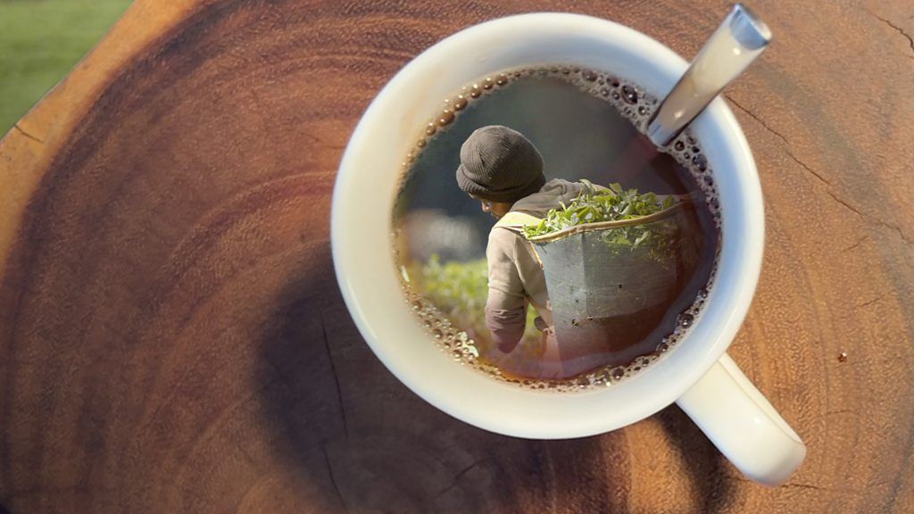A composite of a tea cup and a tea farmer