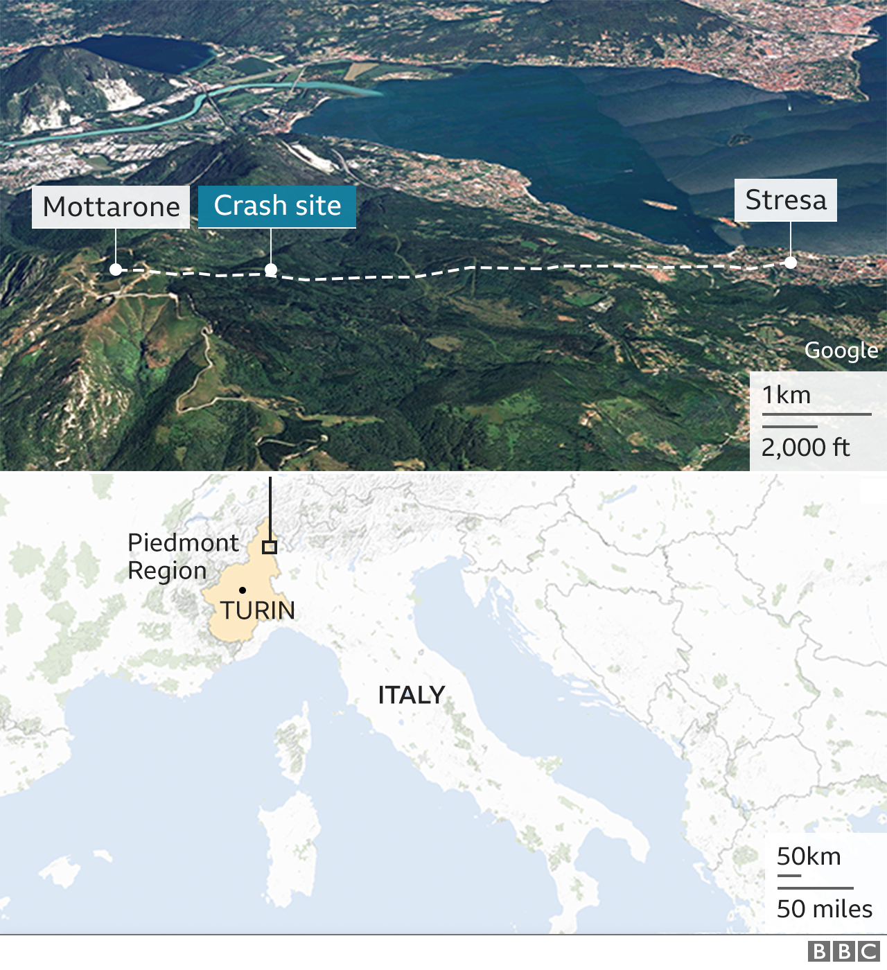 Map showing Italy as well as graphic of the crash site on satellite image