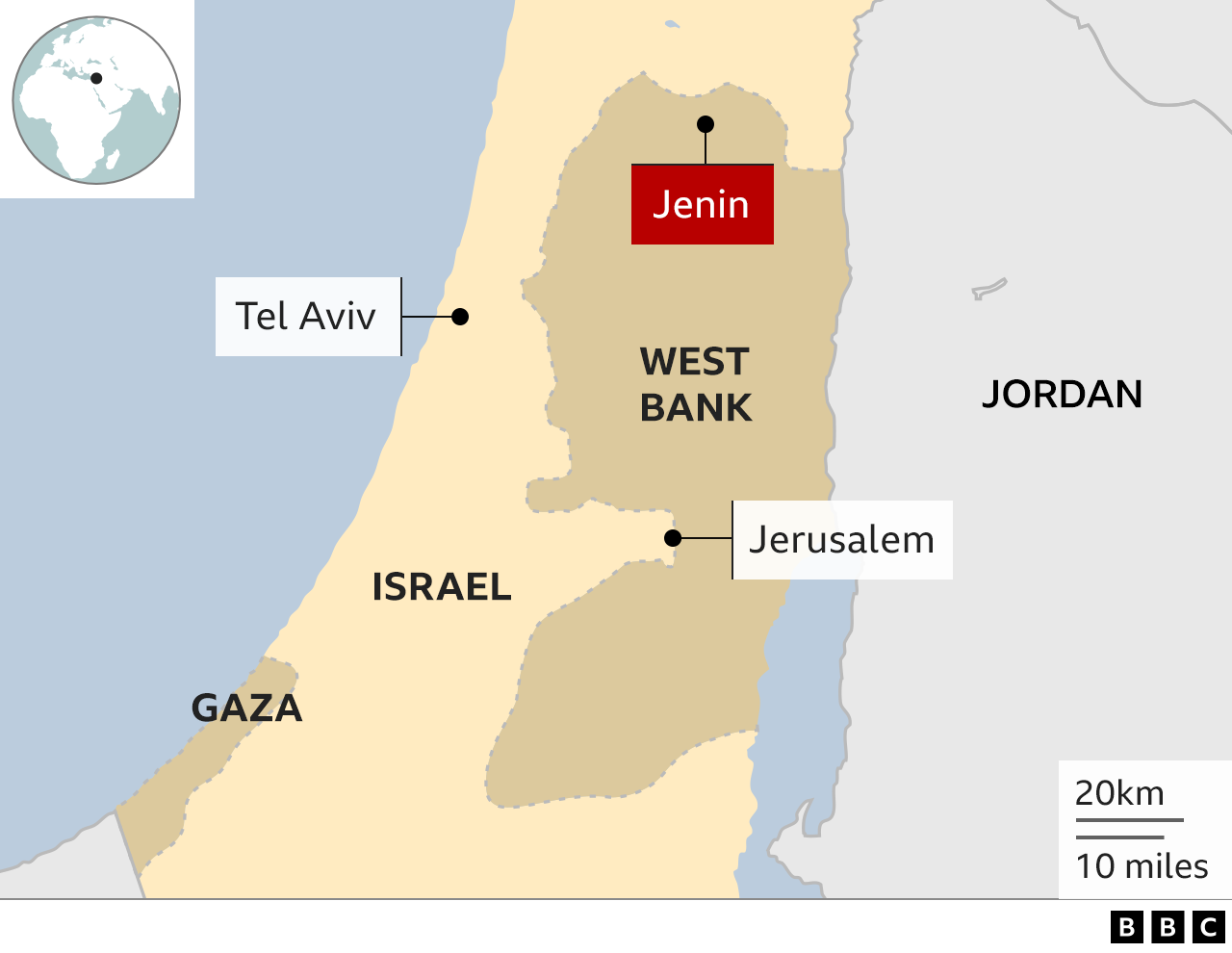 Map of Israel and the occupied West Bank, showing the location of Jenin