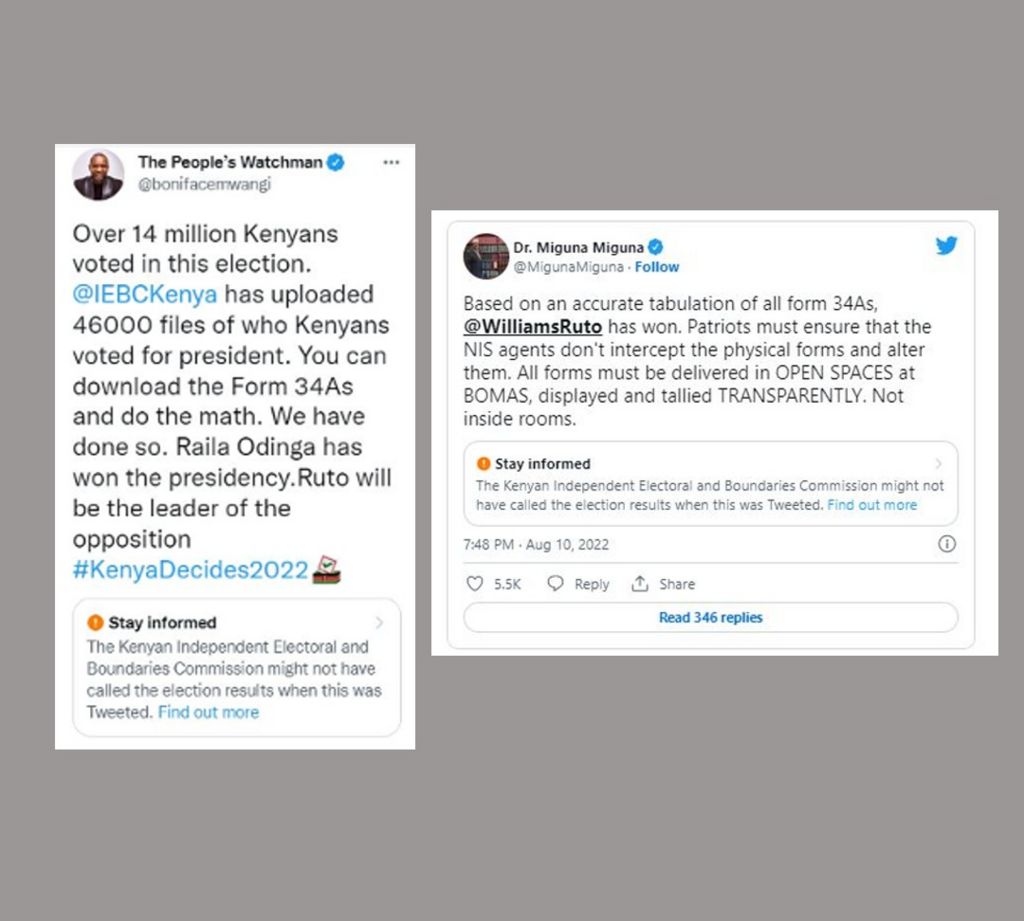 Screengrab of tweets purporting to declare election winners