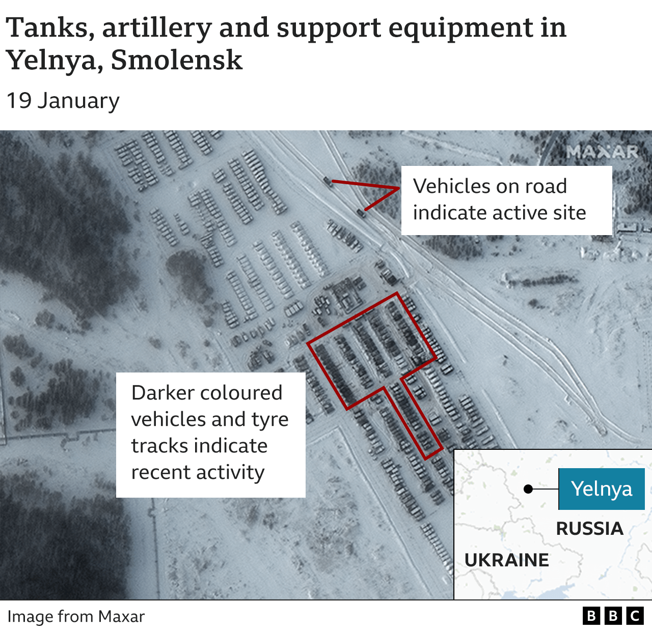 Satellite image showing tanks, artillery and support equipment in Yelnya
