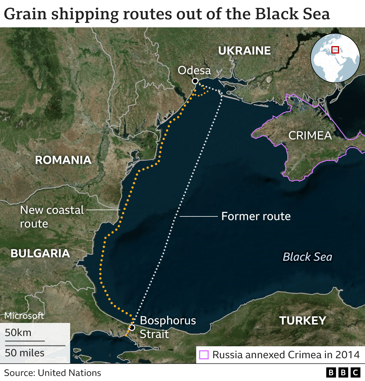 Map showing old and new routes for grain ships across the Black Sea