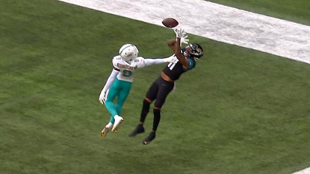 NFL: Marvin Jones Jr collects Trevor Lawrence pass for Jacksonville Jaguars' touchdown against Miami Dolphins