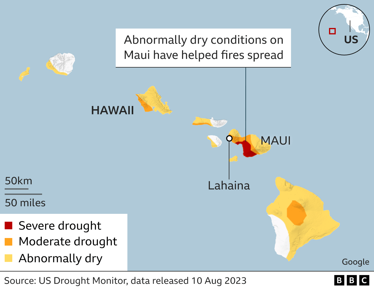 Drought map showing that much of Maui is classified as being in a state of severe drought