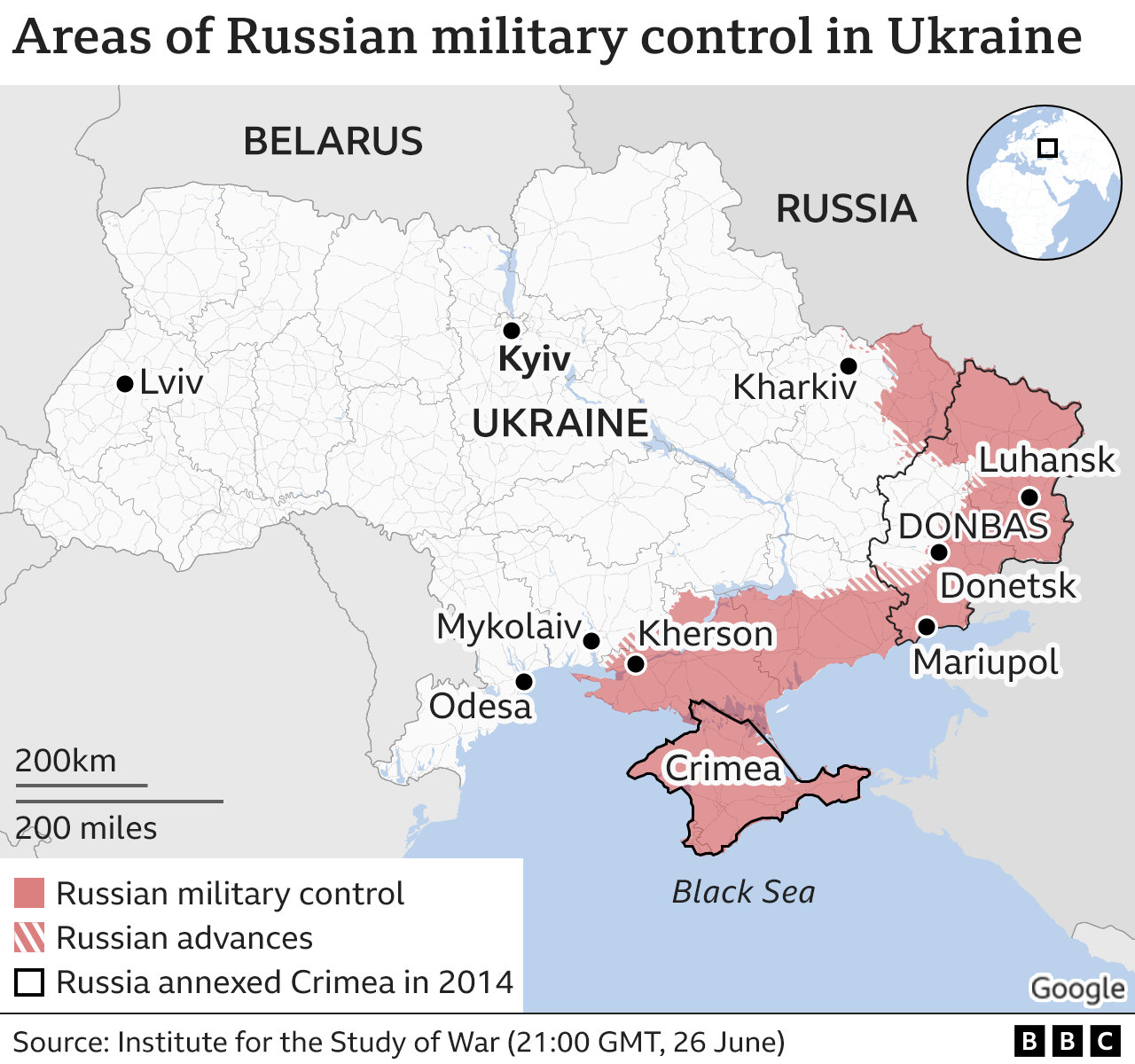 Map of Ukraine showing areas of Russian control, updated 27 June