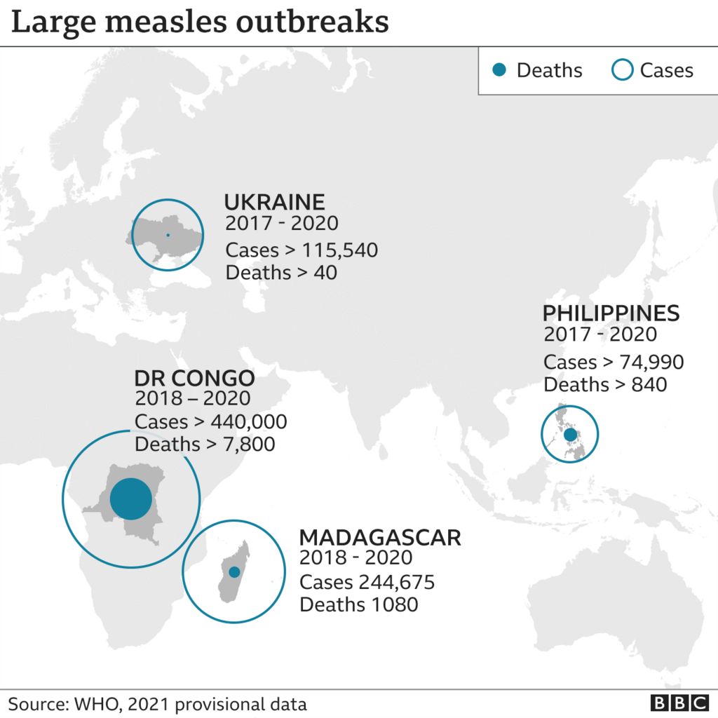 A map of countries with recent measles outbreaks
