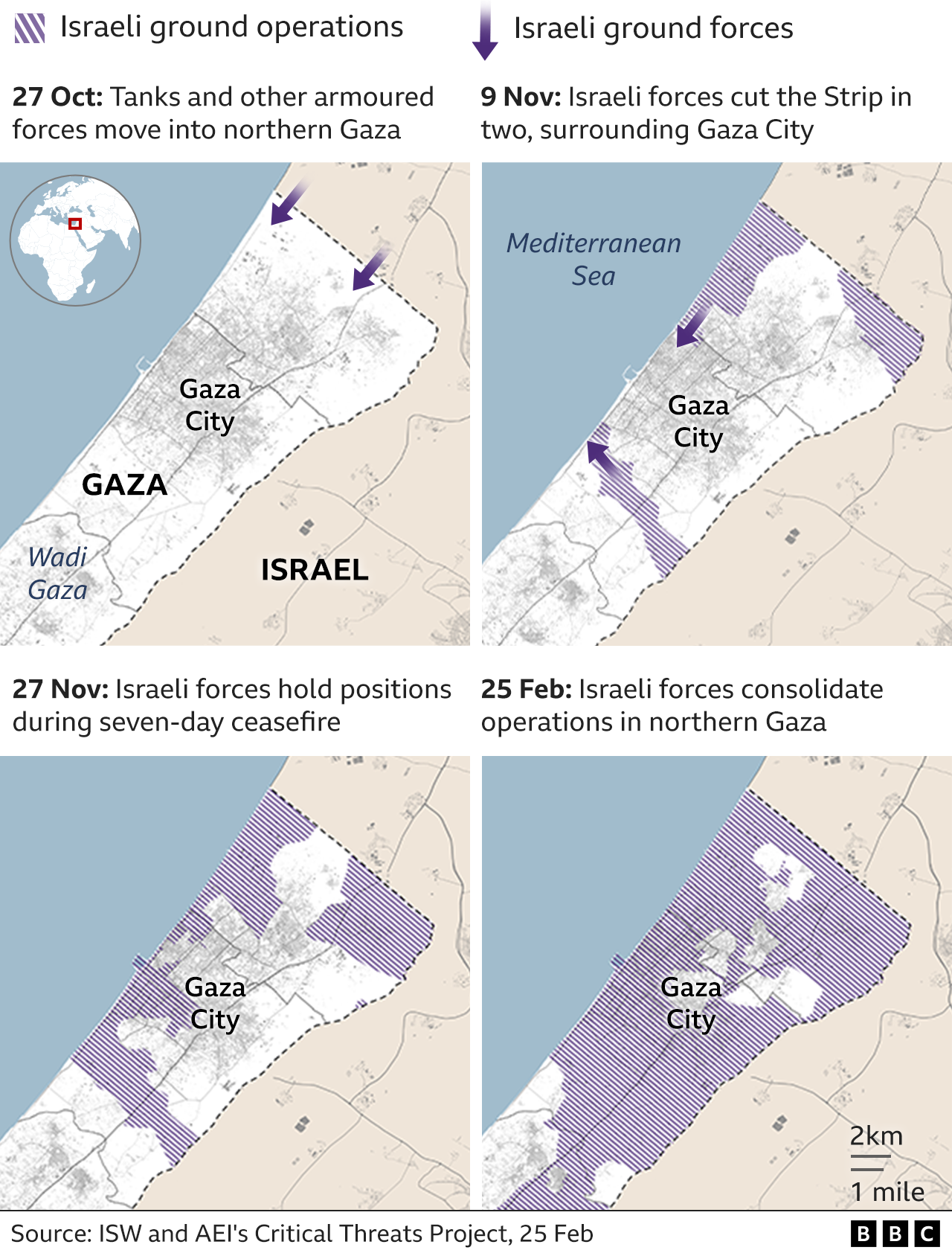 Four maps showing how Israeli tanks and troops entered Gaza from north on 27 October and from further south in following days until they had cut Gaza City off from the south of Gaza and the coast.