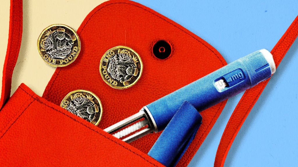 Illustration of a red purse with three pound coins and a weight loss jab pen falling out of it.