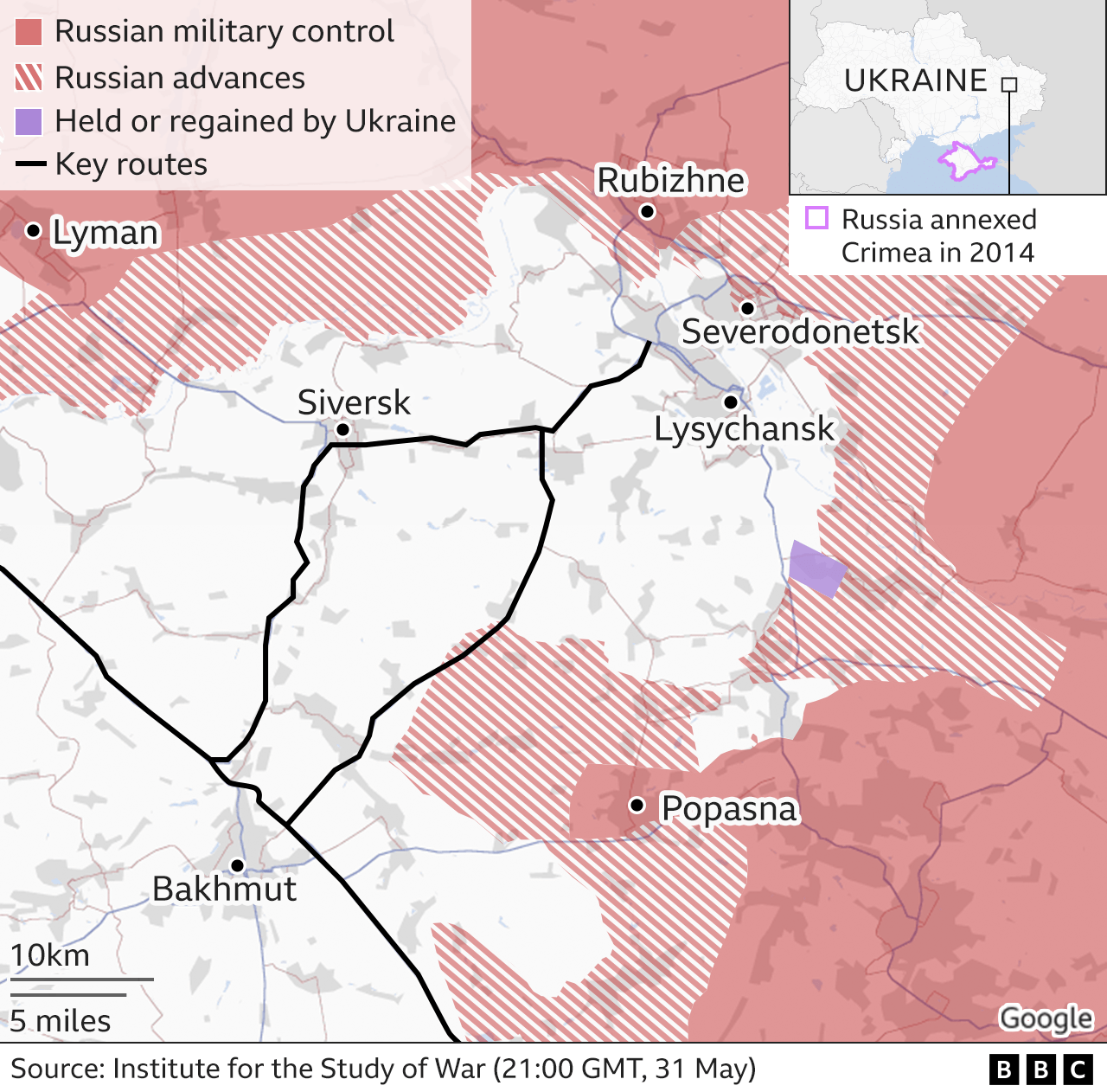 Map showing area around Severodonetsk, updated 1 June