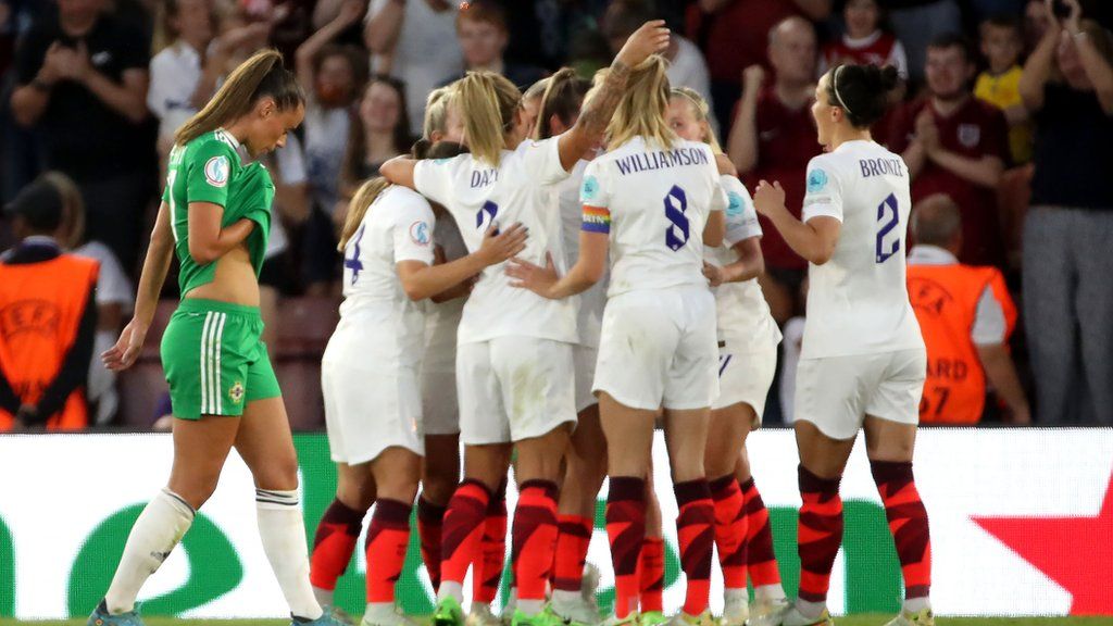 England's Lionesses celebrate scoring a goal against Northern Ireland in the Euro 2022 finals in Southampton