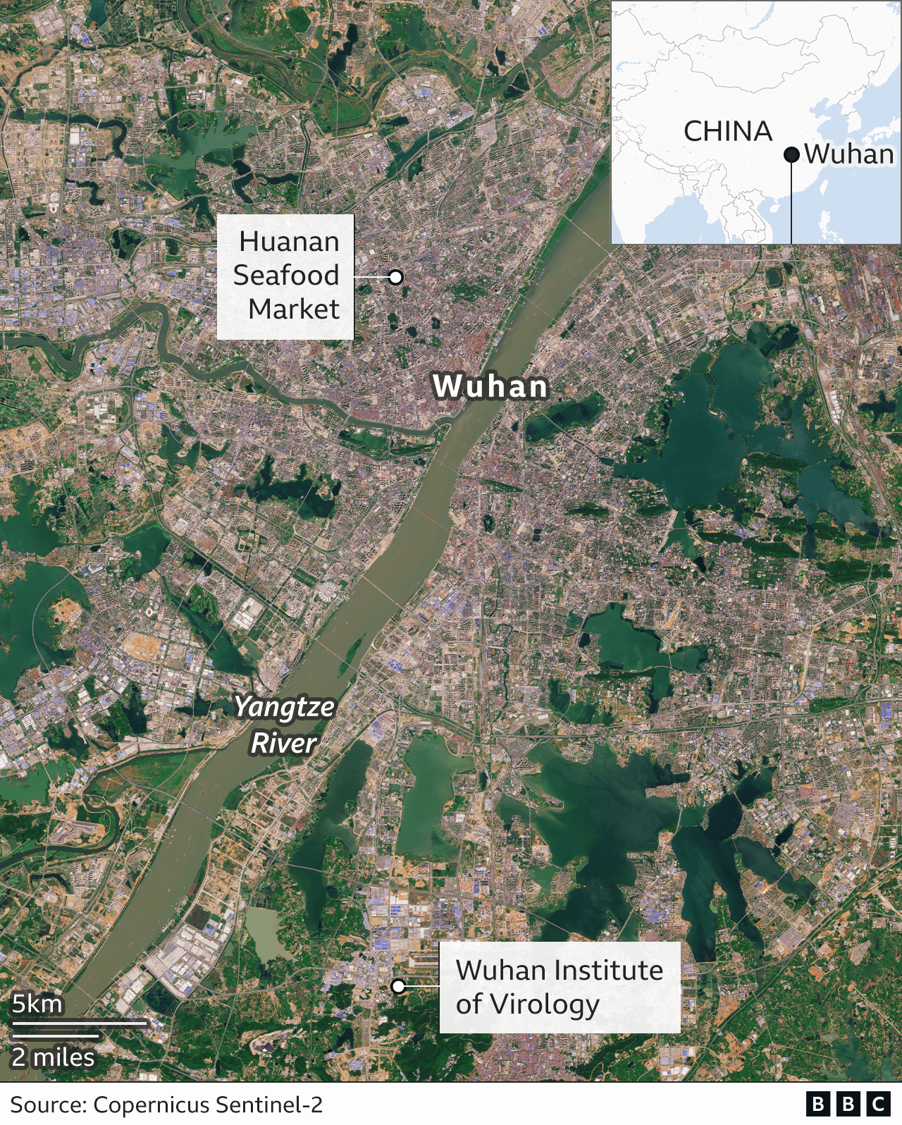 Карта, показывающая расположение Уханьского института вирусологии в городе Ухань