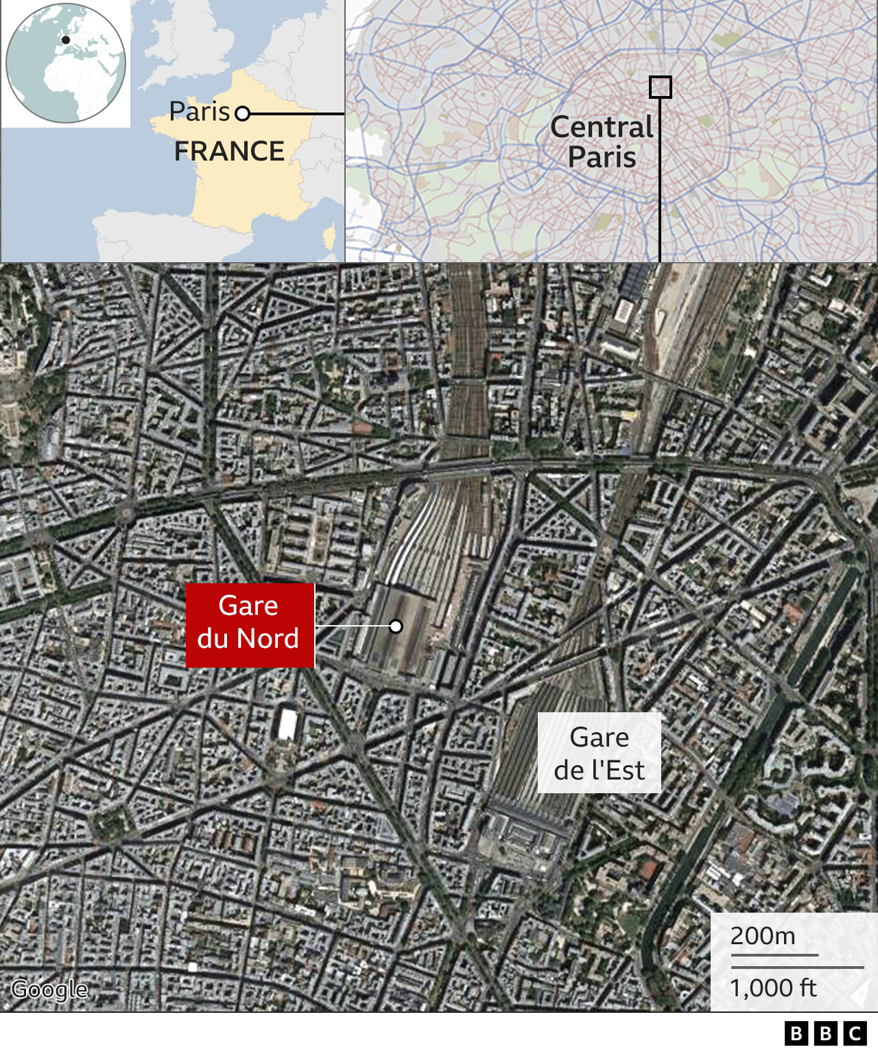 Карта с указанием местоположения Северного вокзала Парижа во Франции