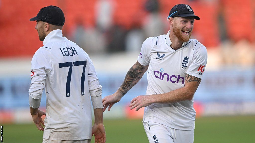 Ben Stokes and Jack Leach celebrate England's victory over India in Hyderabad