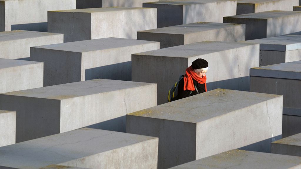 An elderly visitor at the Memorial to the Murdered Jews of Europe, Berlin, 2020