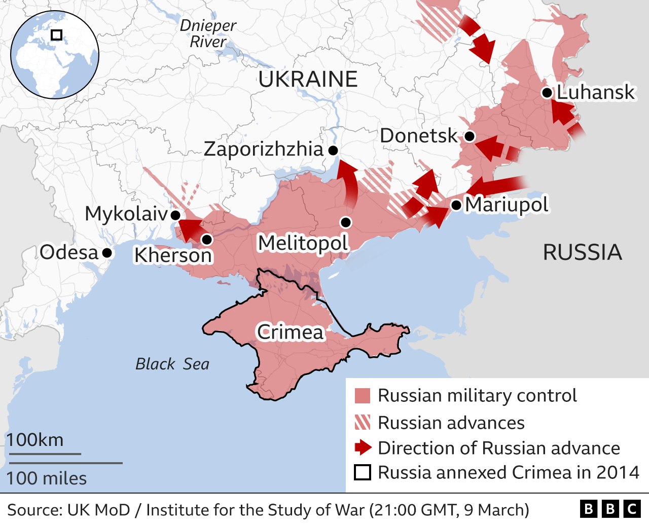 Map showing the Russian military advance into Ukraine from the south. Updated 10 March.