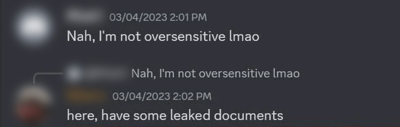 Discord screengrab of a conversation between a user and another who shared the photos of the documents: "Nah, I'm not oversensitive lmao". "Here, have some leaked documents"
