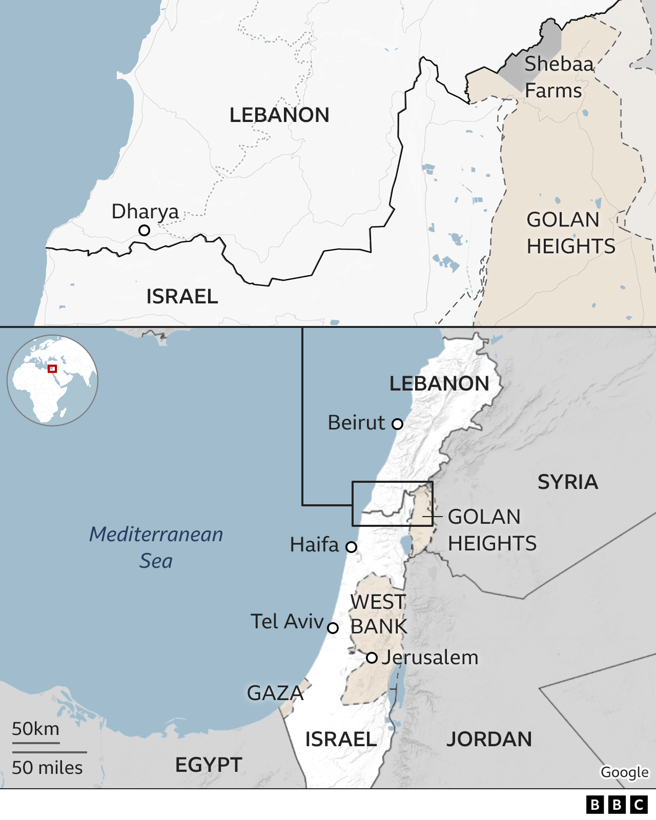 Map showing Israel and Lebanon border area