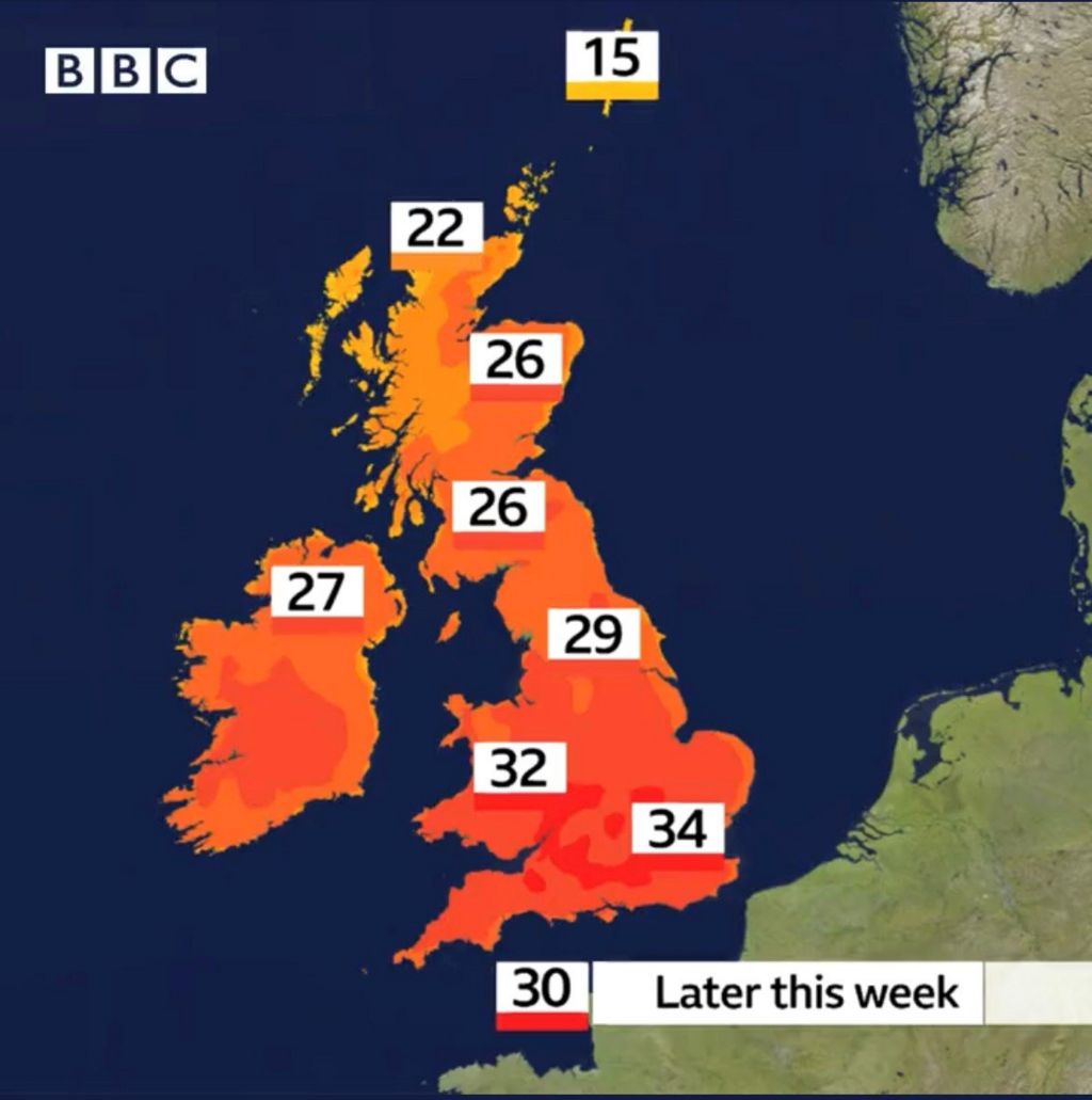 Map showing temperatures throughout the UK and Ireland. Belfast shows 27, while London shows 34 later in the week
