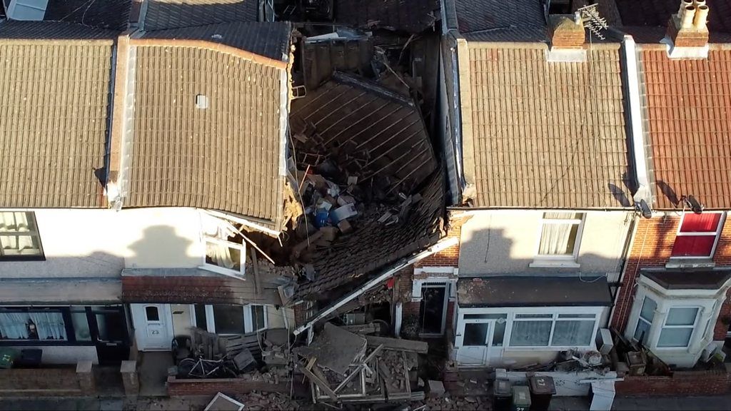 Aerial view of collapsed house in Portsmouth