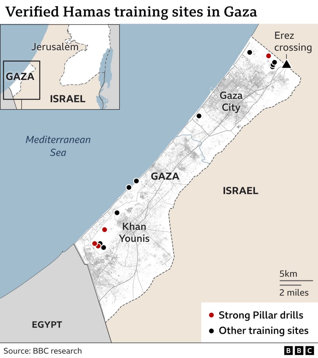 Harta që tregon 14 vende trajnimi në Gaza