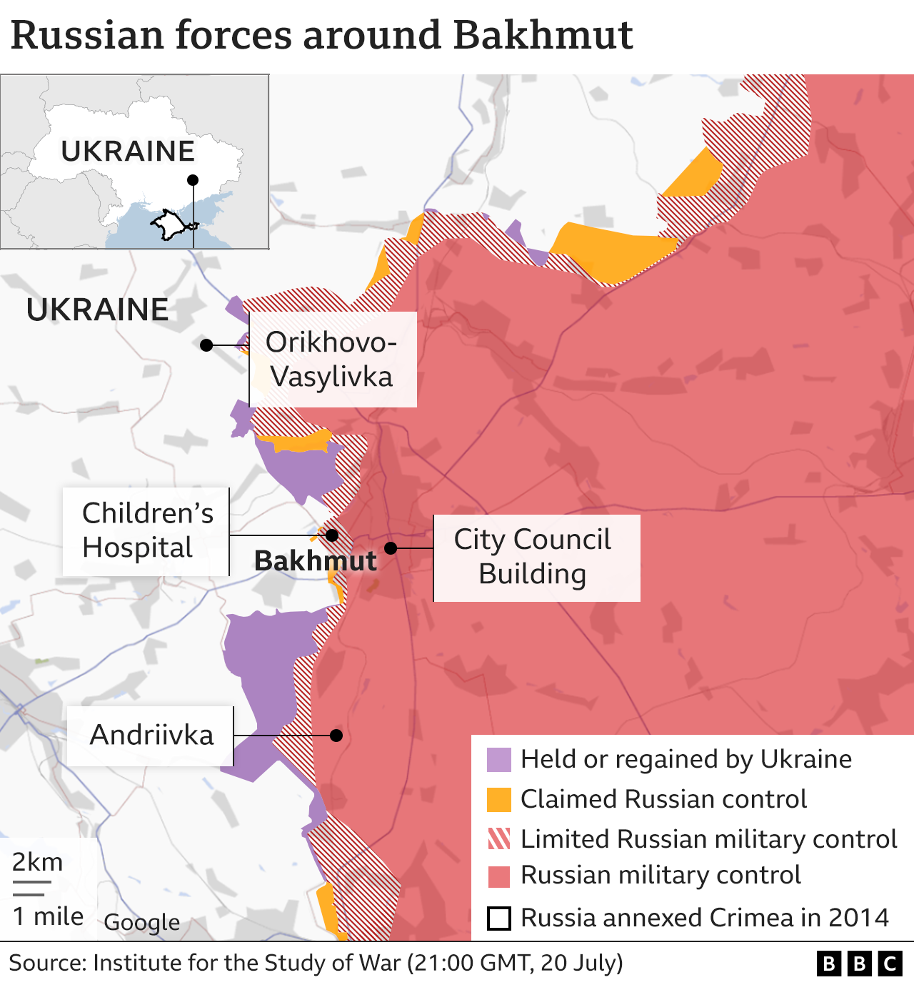 Mapa mostrando as forças russas ao redor de Bakhmut