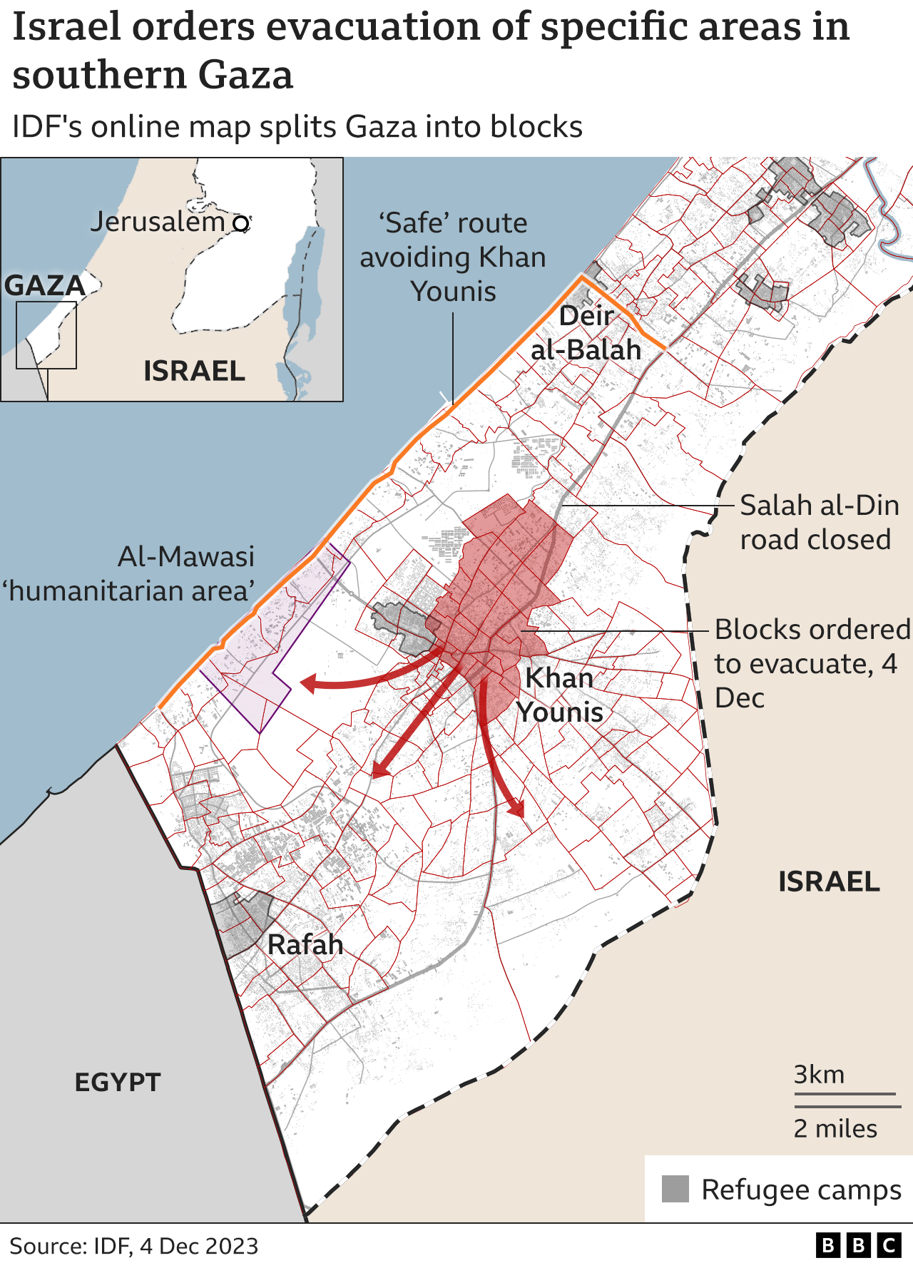 Map showing areas of Khan Younis which the IDF has told residents to evacuate (4 December 2023)