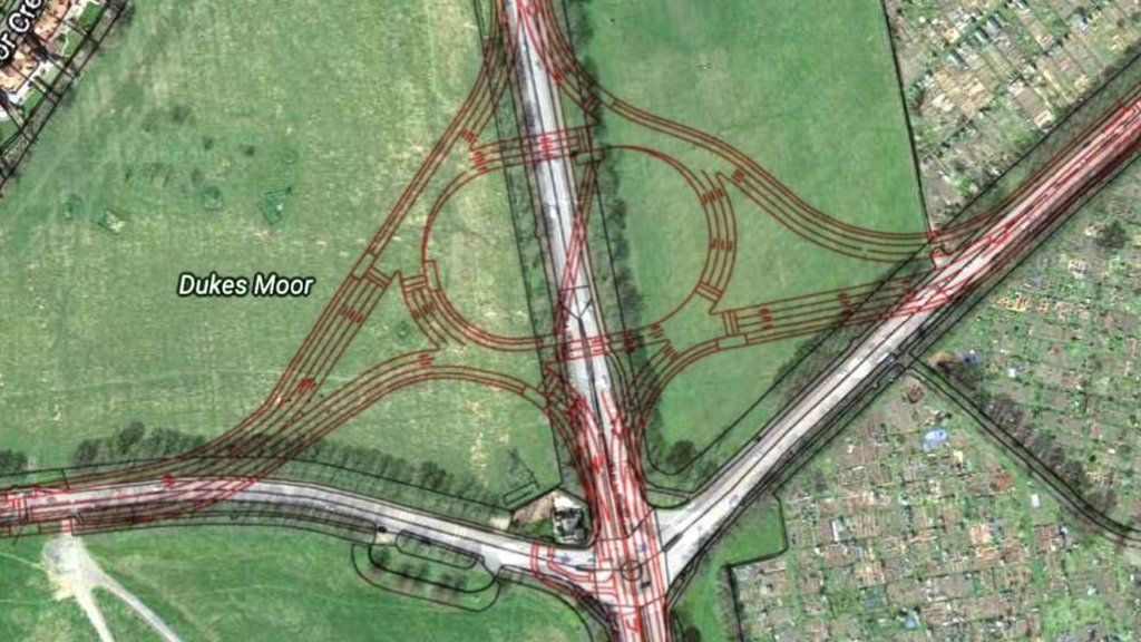 Aerial view of Blue House roundabout showing current roundabout and proposed changes