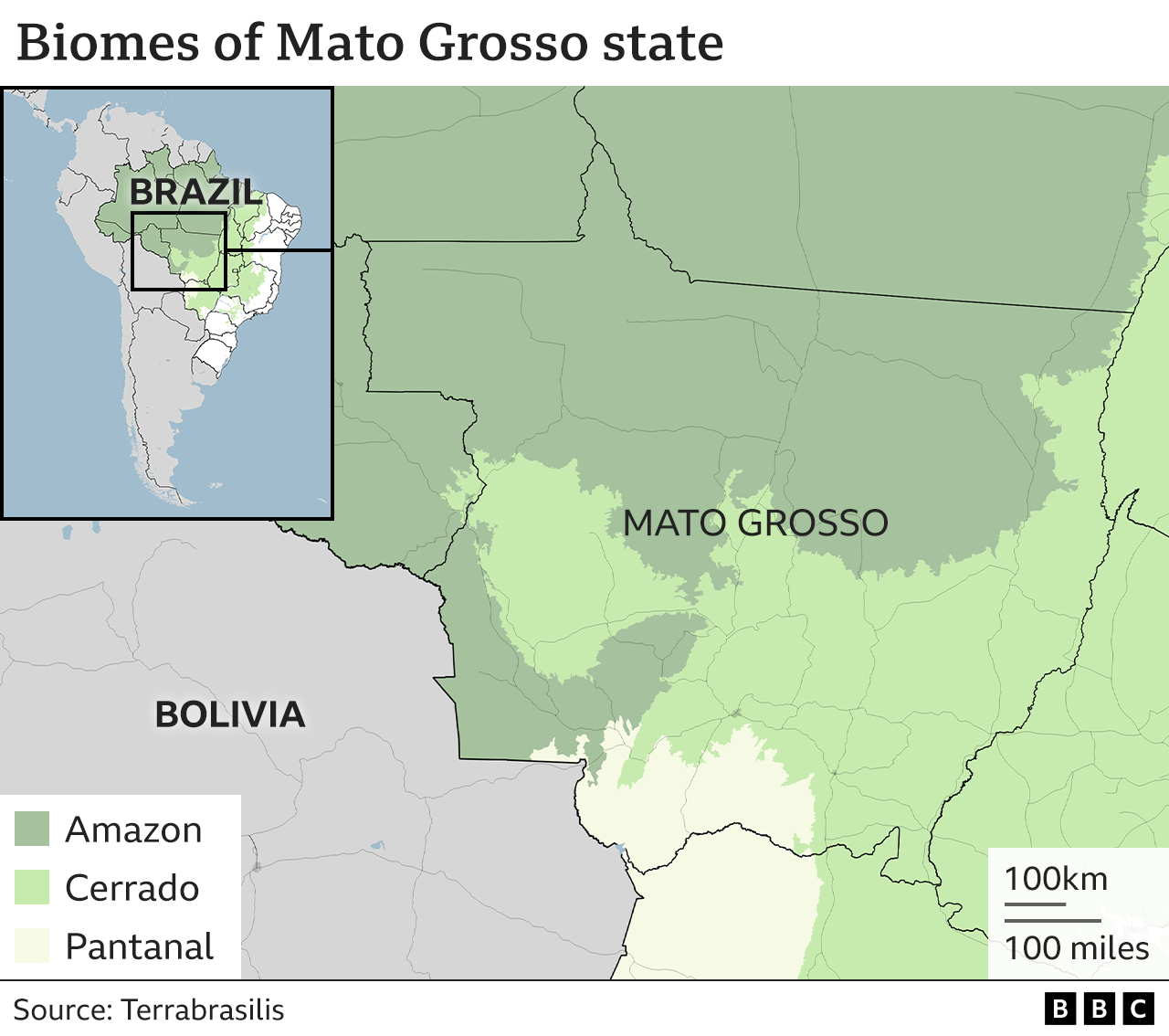 Map showing the different biomes, Amazon, Cerrado and Pantanal, in Mato Grosso state in Brazil