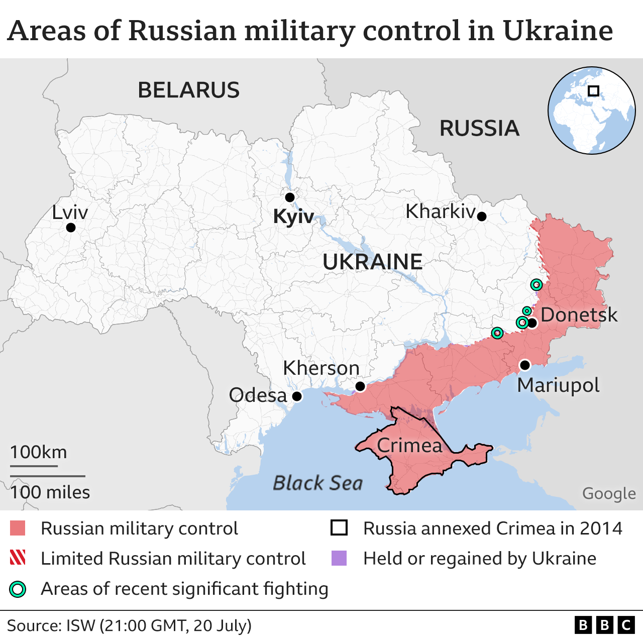 Map showing the whole of Ukraine and the areas of significant recent fighting