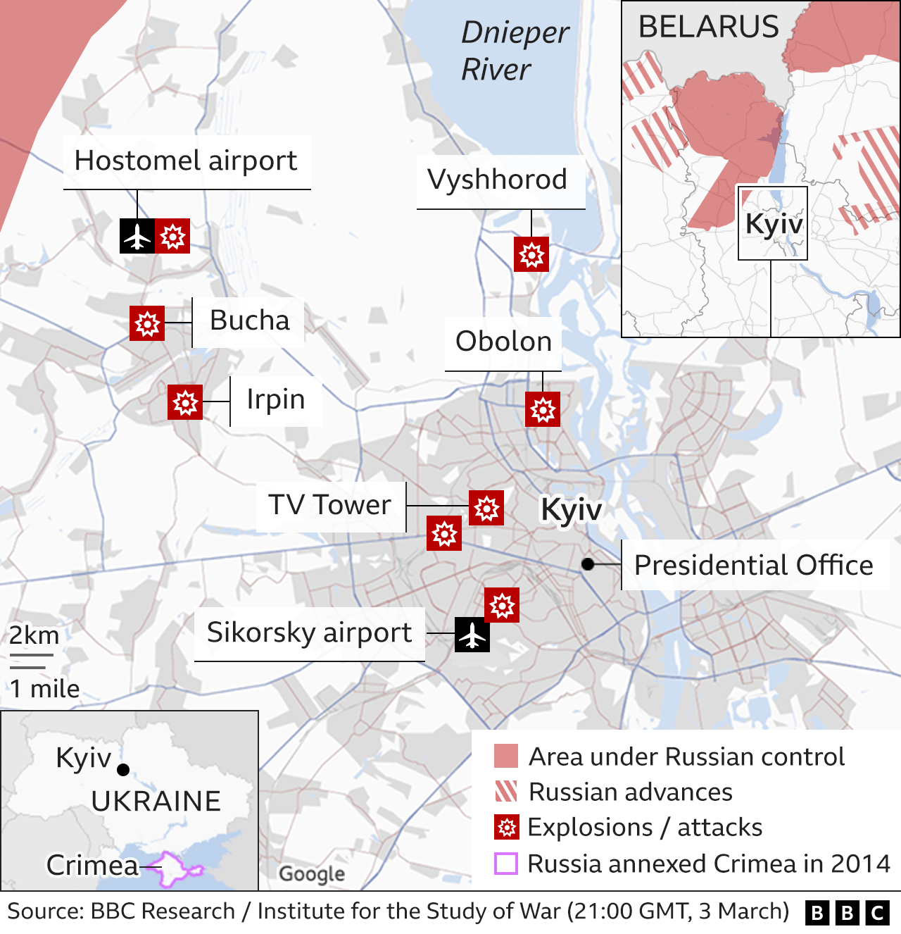 Map showing key locations in Kyiv, with Russian troops just to the north of the capital