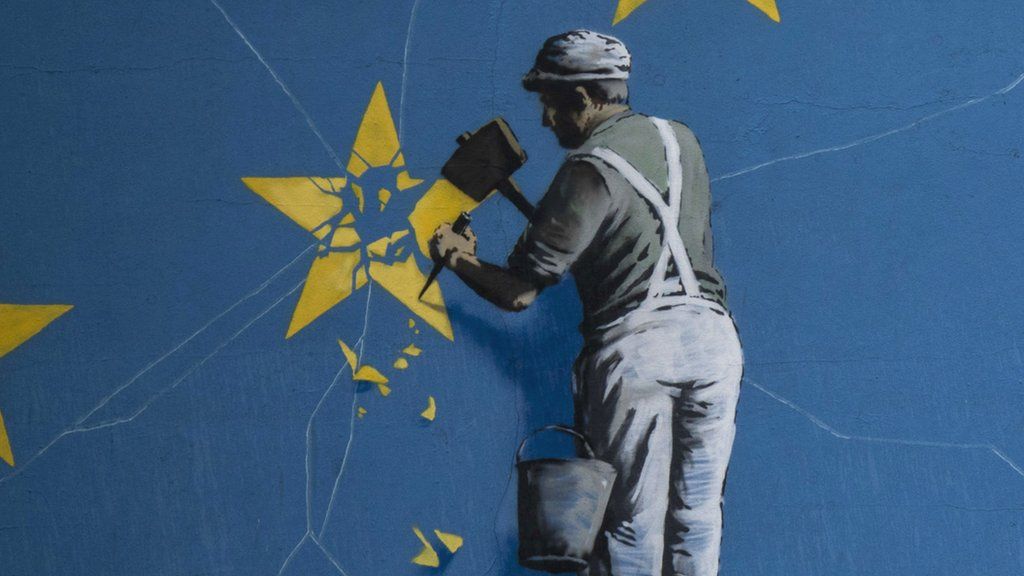 illustration of a man chipping a star off the EU flag