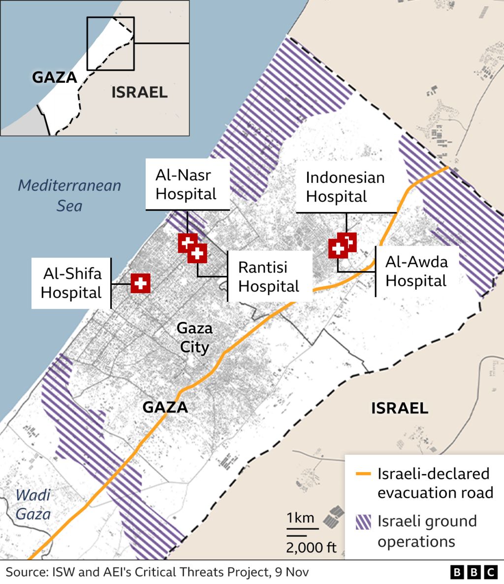 Map showing the main hospitals in northern Gaza. Reports say Israeli forces are operating in the area and there have been explosions inside or near them. Israel has warned civilians still in northern Gaza to head south of the Wadi Gaza along the Salah al-Din Road.