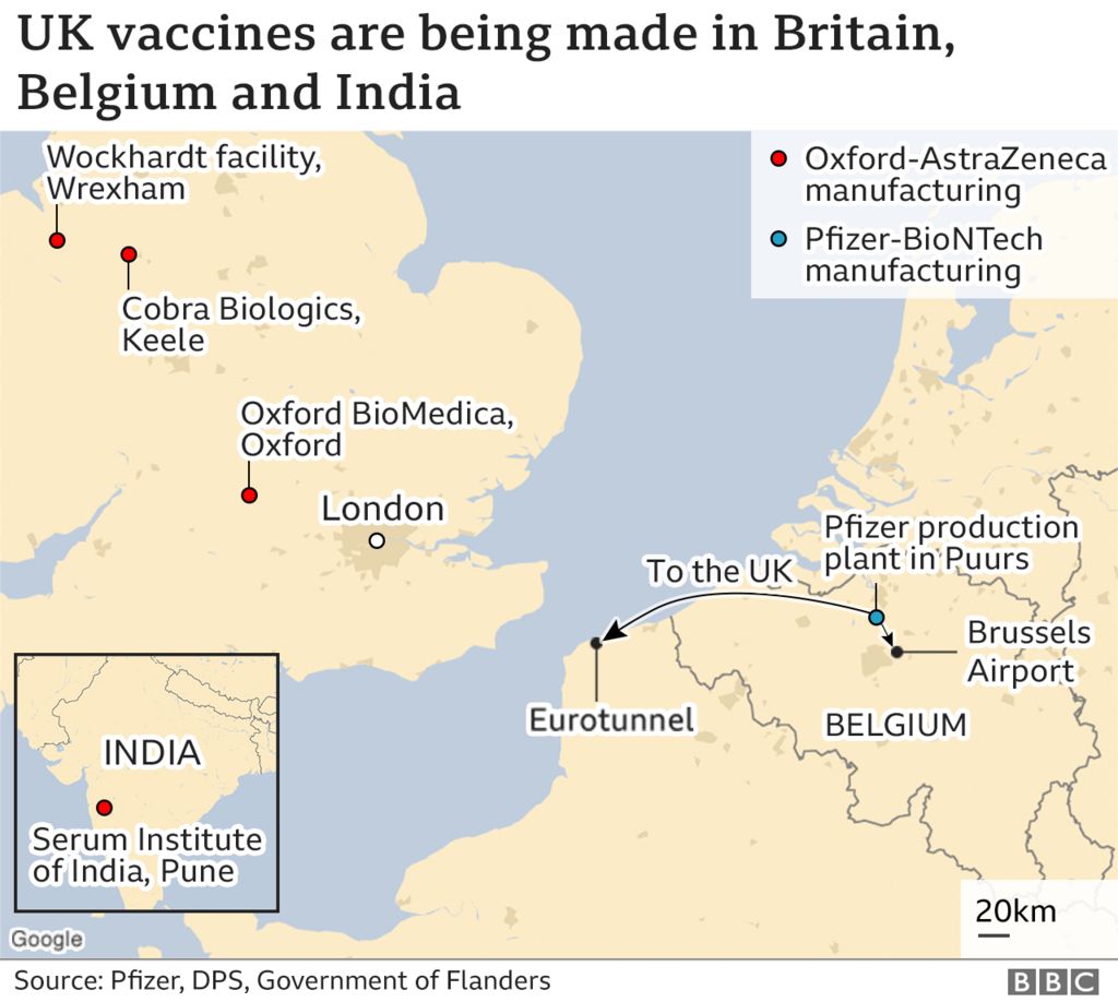 Map showing where the vaccines are made: Oxford in the UK and Pfizer in Belgium
