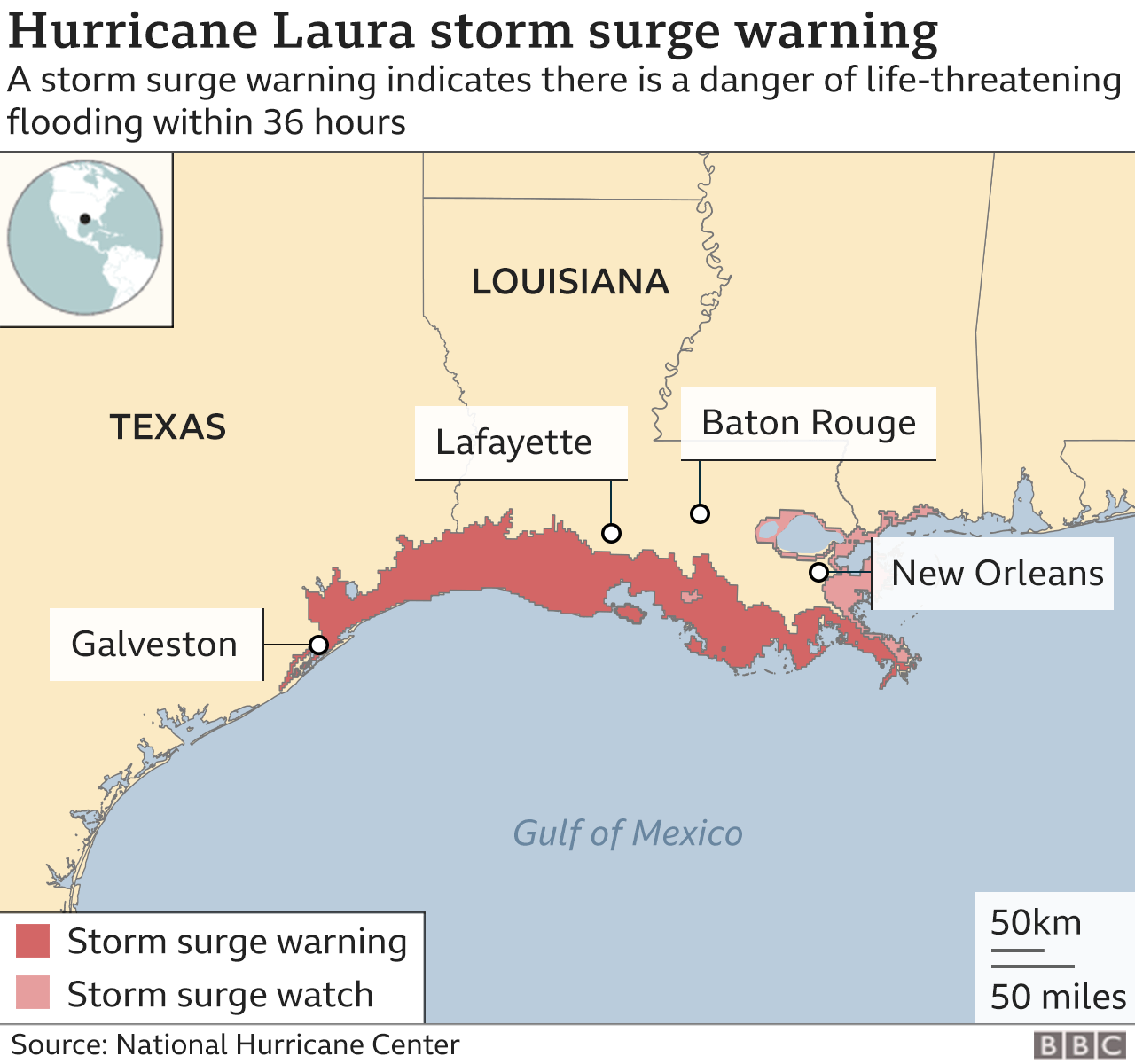 Map showing expected storm surge