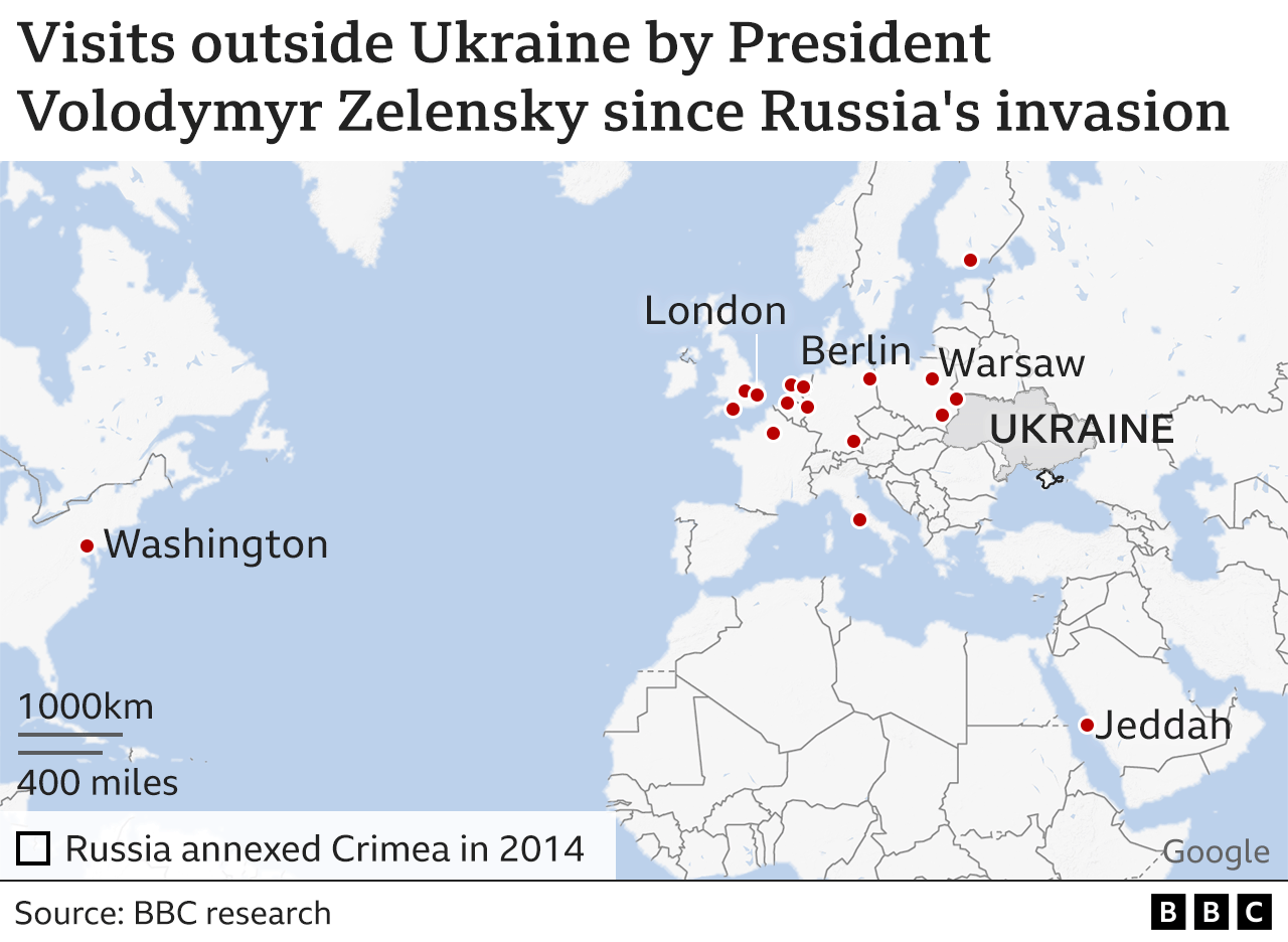 Map showing visits by President Zelensky since February 2022