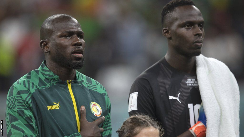 Senegal's Kalidou Koulibaly and Edouard Mendy line up at the 2022 World Cup