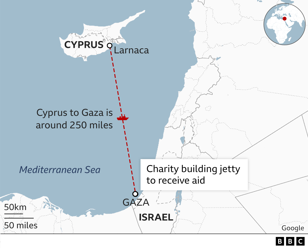 Map showing maritime route from Cyprus to Gaza