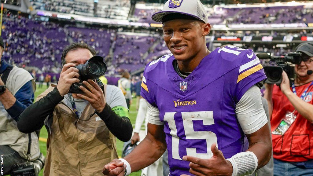 Joshua Dobbs celebrates the Minnesota Vikings' win over the New Orleans Saints