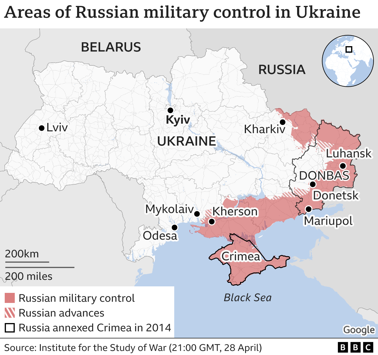 Map showing areas of Ukraine currently under Russian control